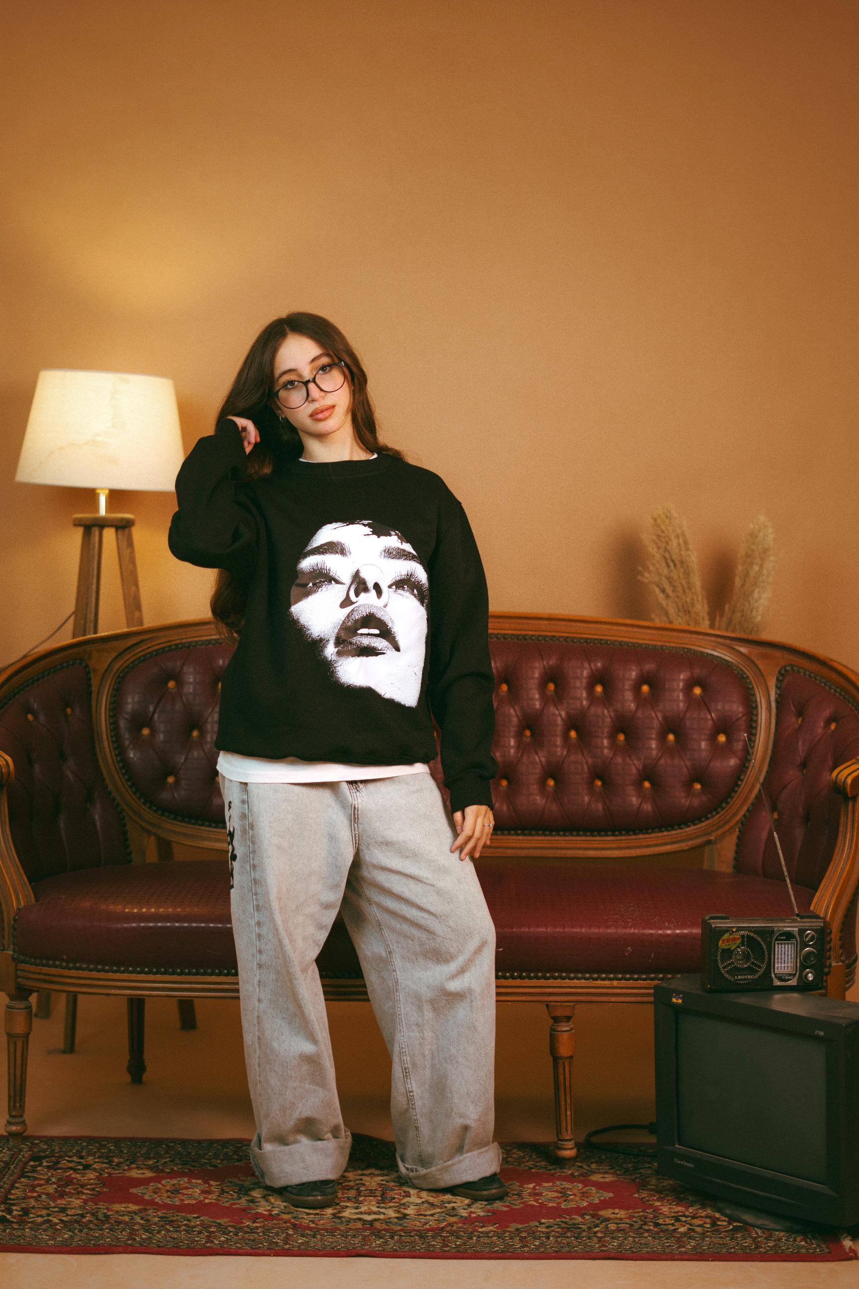 Black Designed Oversized Crewneck