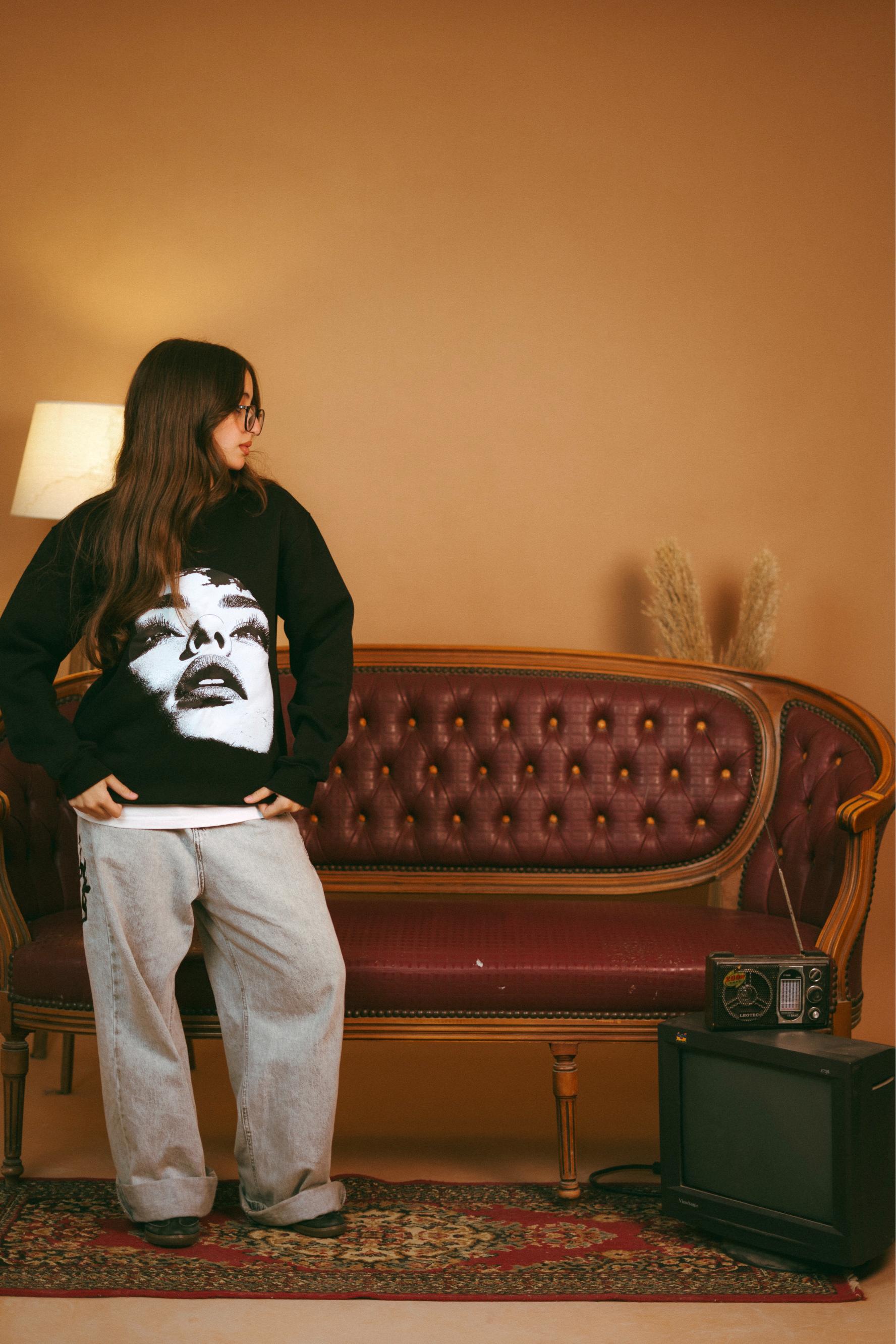 Black Designed Oversized Crewneck