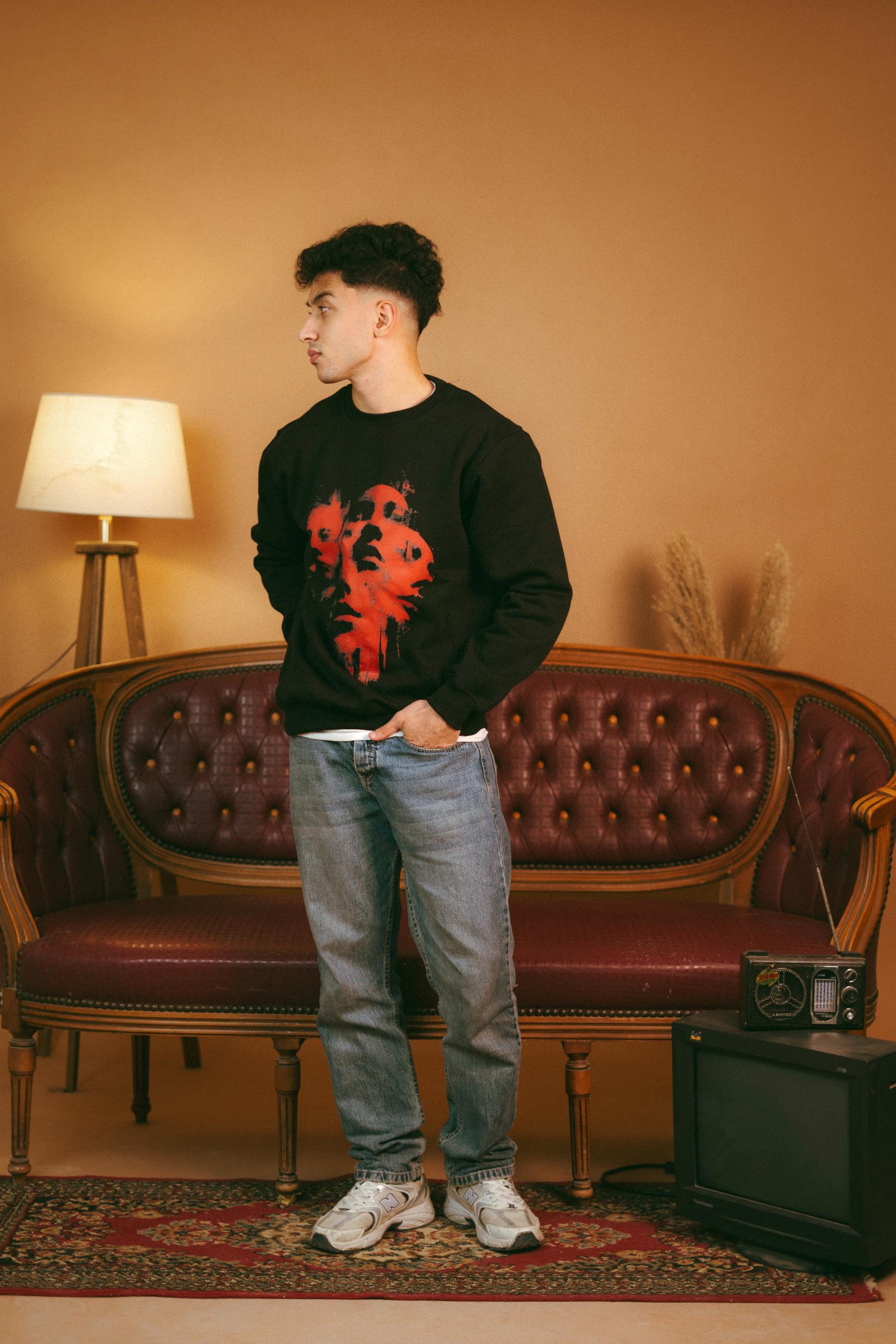 Black Designed Oversized Crewneck