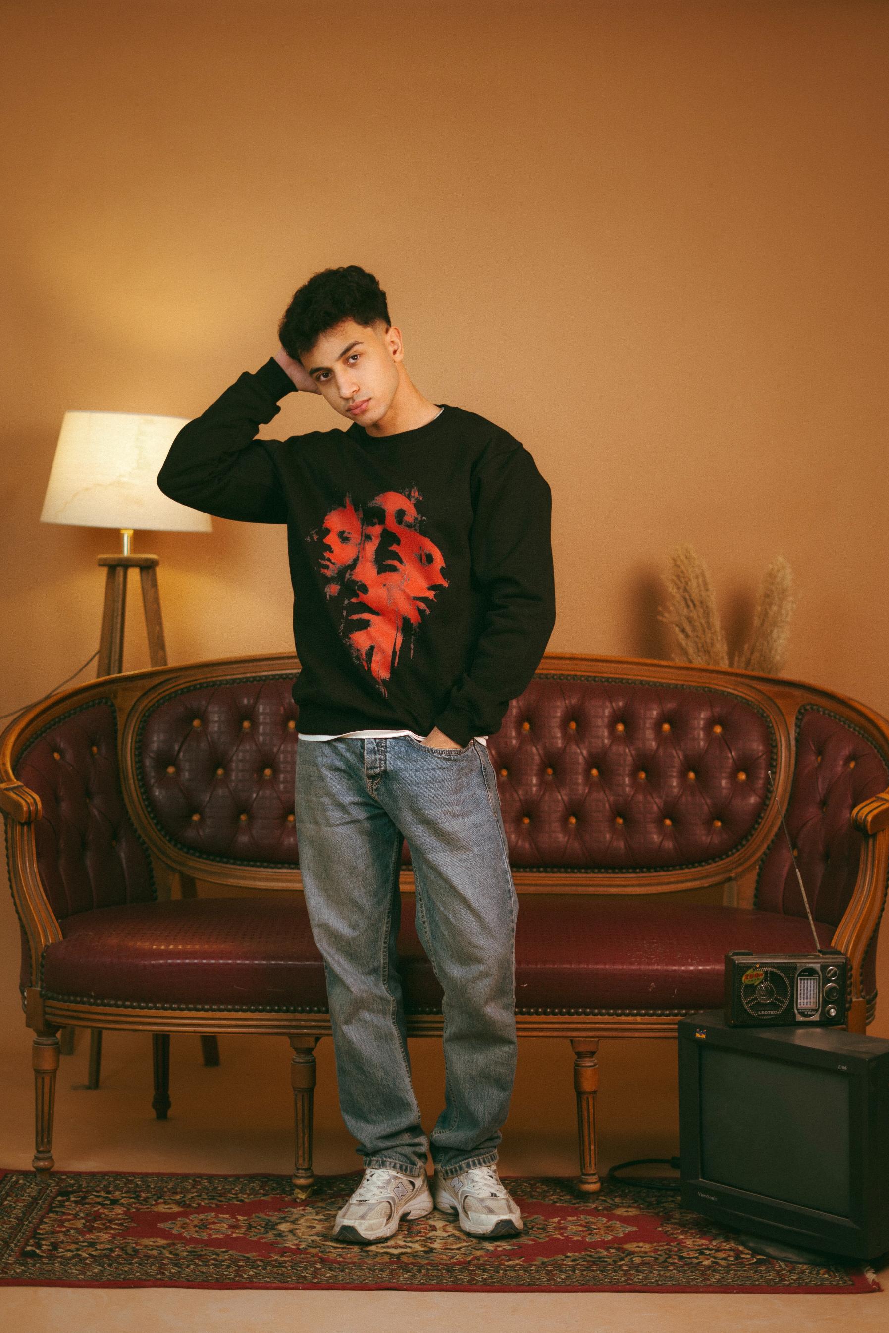 Black Designed Oversized Crewneck